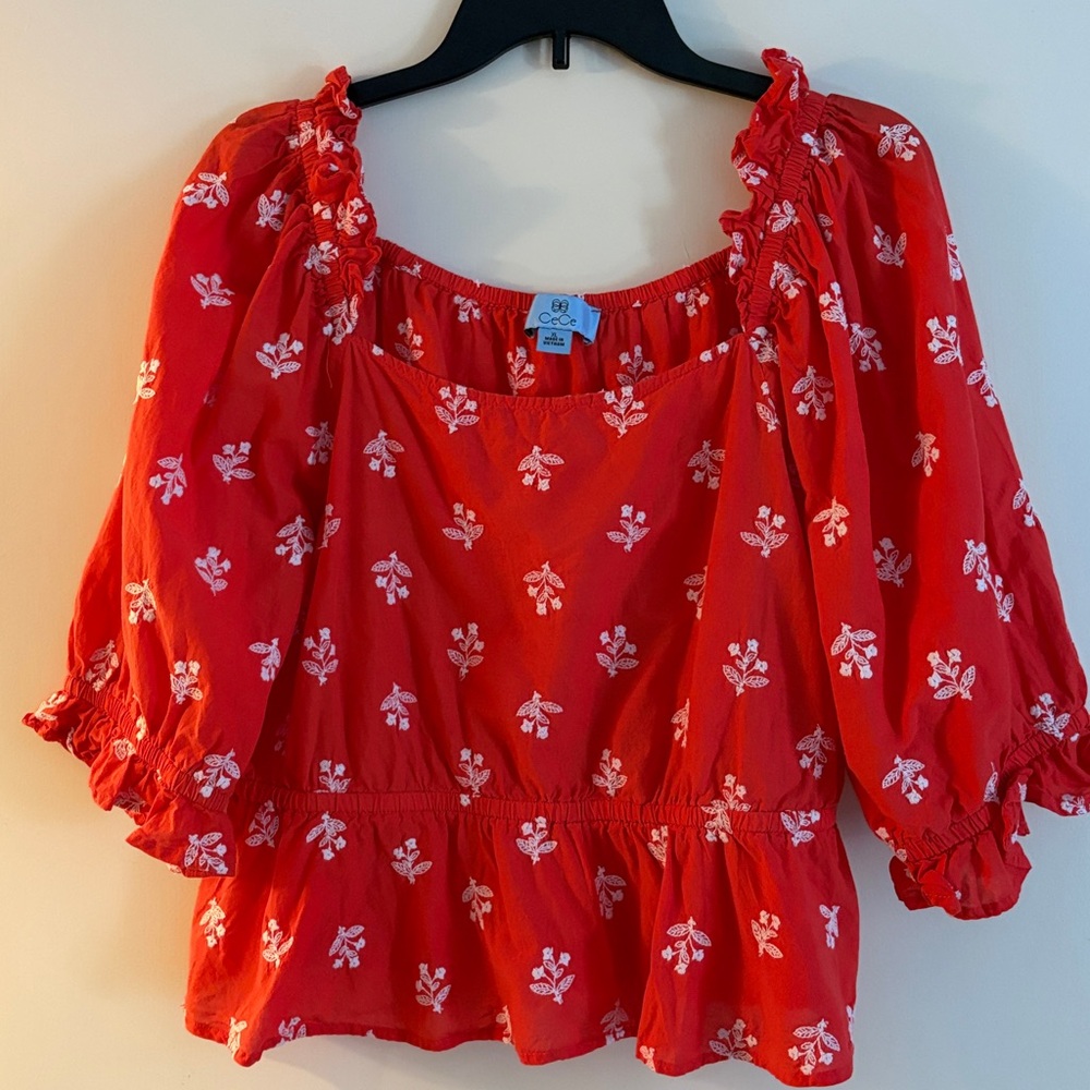 CeCe Women’s Red Floral Embroidered Bohemian Peasant Top, size XL